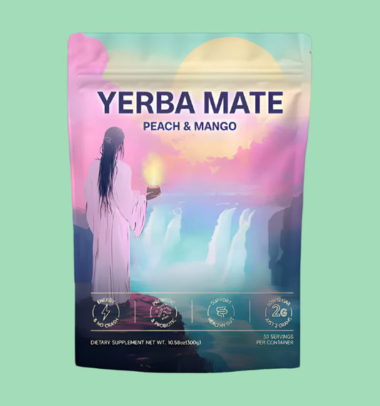 Yerba Mate peach & mango package with a colorful design and text.